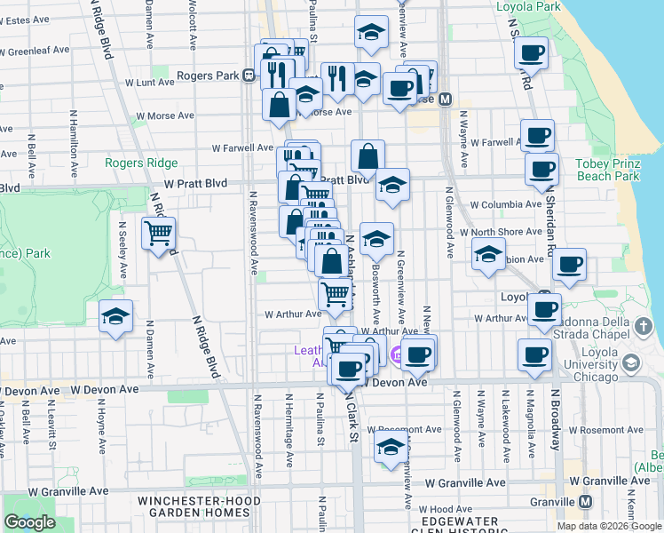 map of restaurants, bars, coffee shops, grocery stores, and more near 6647 North Clark Street in Chicago