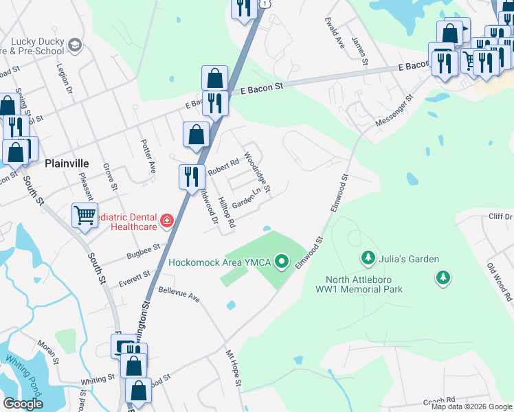 map of restaurants, bars, coffee shops, grocery stores, and more near 45 Washington Street in Plainville