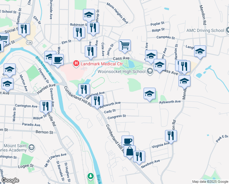 map of restaurants, bars, coffee shops, grocery stores, and more near 257 Newland Avenue in Woonsocket