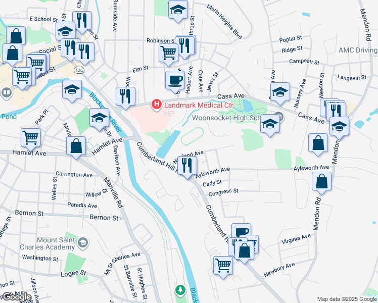 map of restaurants, bars, coffee shops, grocery stores, and more near 61 Newland Avenue in Woonsocket