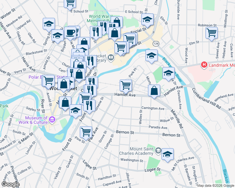 map of restaurants, bars, coffee shops, grocery stores, and more near 38 Hamlet Avenue in Woonsocket