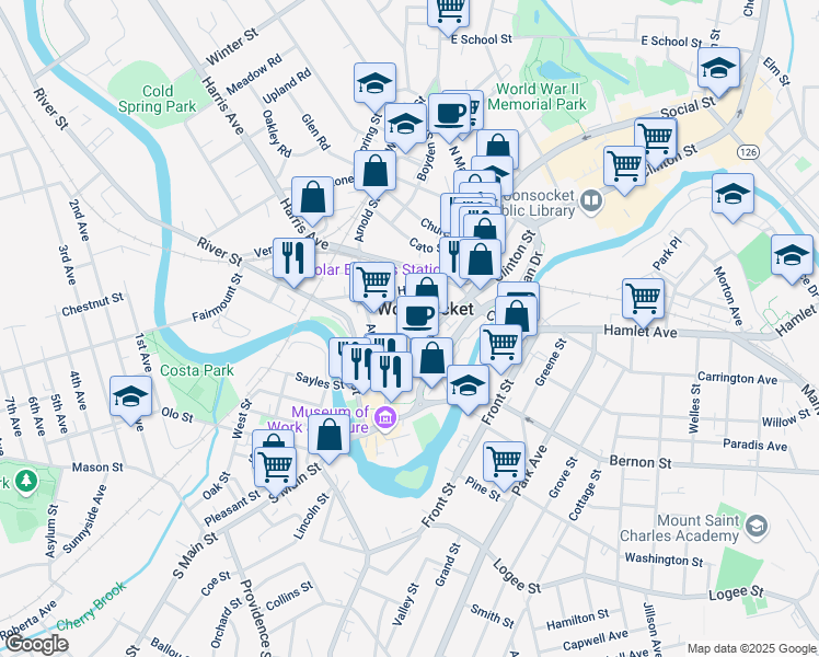 map of restaurants, bars, coffee shops, grocery stores, and more near in Woonsocket