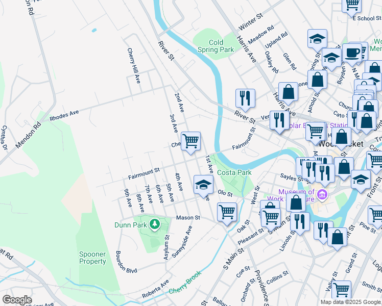 map of restaurants, bars, coffee shops, grocery stores, and more near 380 2nd Avenue in Woonsocket