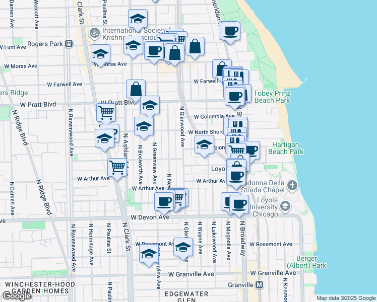map of restaurants, bars, coffee shops, grocery stores, and more near 1331 West North Shore Avenue in Chicago