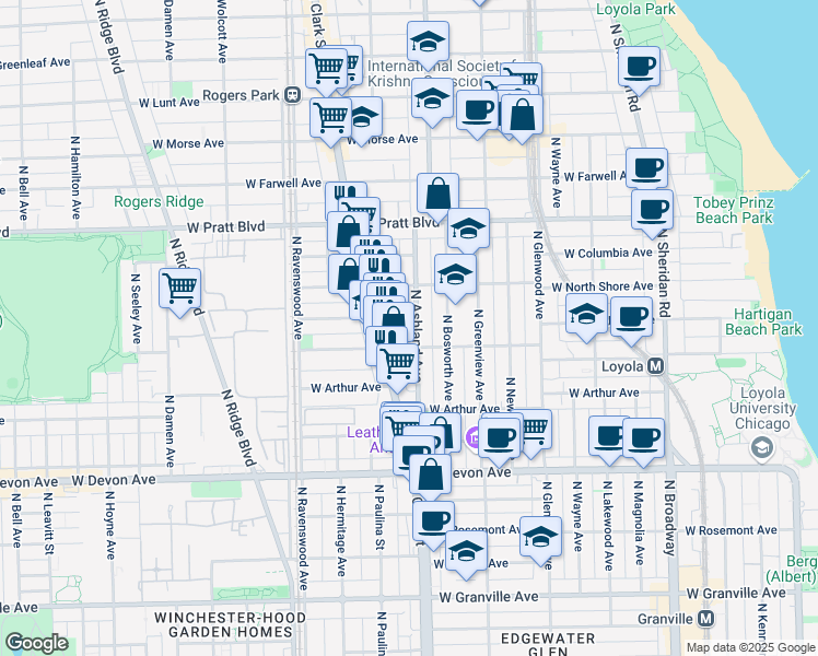 map of restaurants, bars, coffee shops, grocery stores, and more near 6645 North Ashland Avenue in Chicago