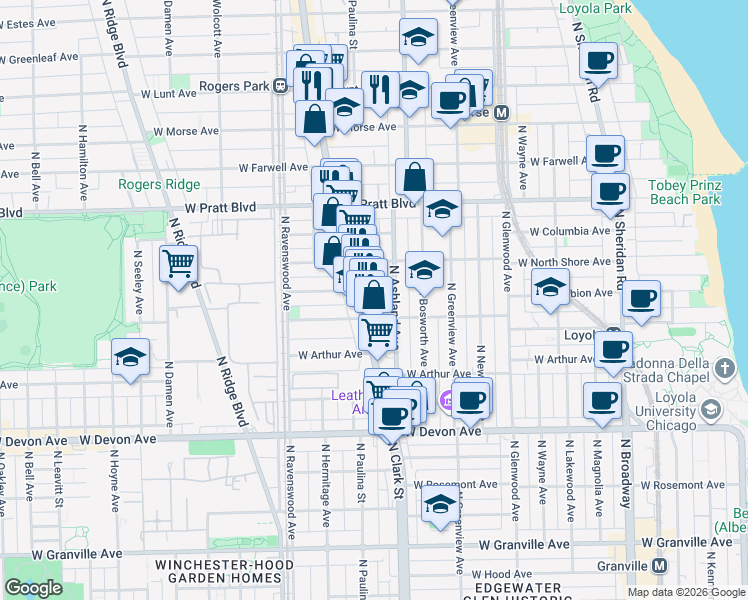 map of restaurants, bars, coffee shops, grocery stores, and more near 6647 North Clark Street in Chicago