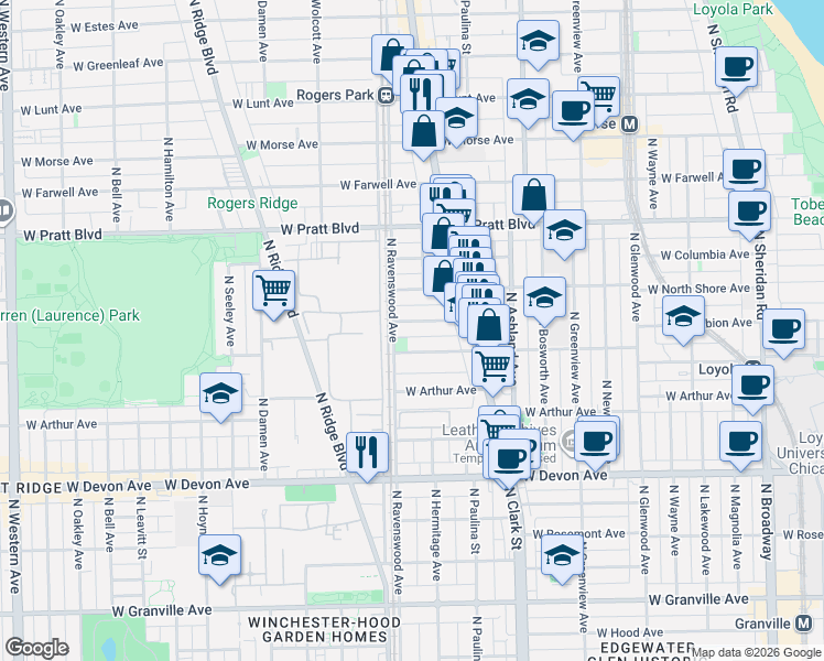 map of restaurants, bars, coffee shops, grocery stores, and more near 1760 West Wallen Avenue in Chicago