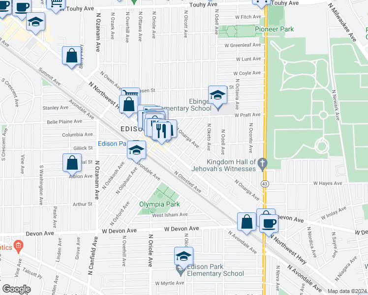 map of restaurants, bars, coffee shops, grocery stores, and more near 6730 North Oxford Avenue in Chicago
