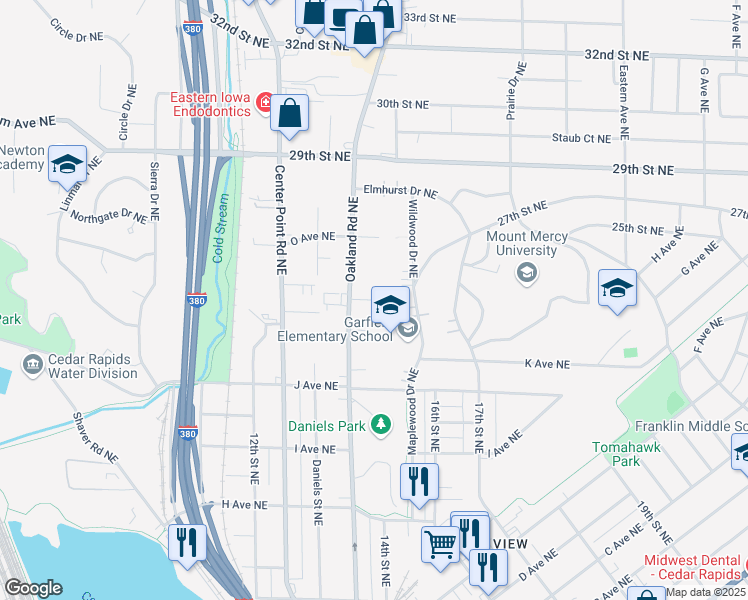 map of restaurants, bars, coffee shops, grocery stores, and more near 1414 Oakland Road Northeast in Cedar Rapids