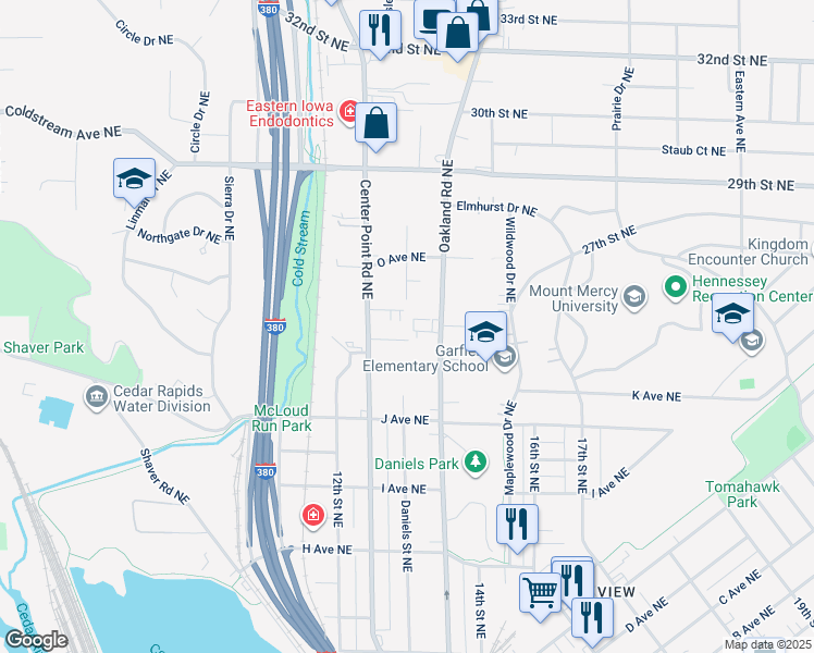 map of restaurants, bars, coffee shops, grocery stores, and more near 1411 Oakland Road Northeast in Cedar Rapids