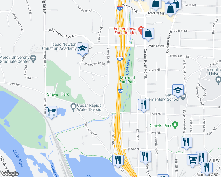 map of restaurants, bars, coffee shops, grocery stores, and more near 1420 Sierra Drive Northeast in Cedar Rapids