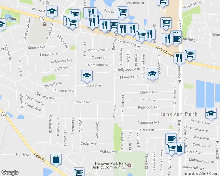 map of restaurants, bars, coffee shops, grocery stores, and more near 2023 Laurel Avenue in Hanover Park