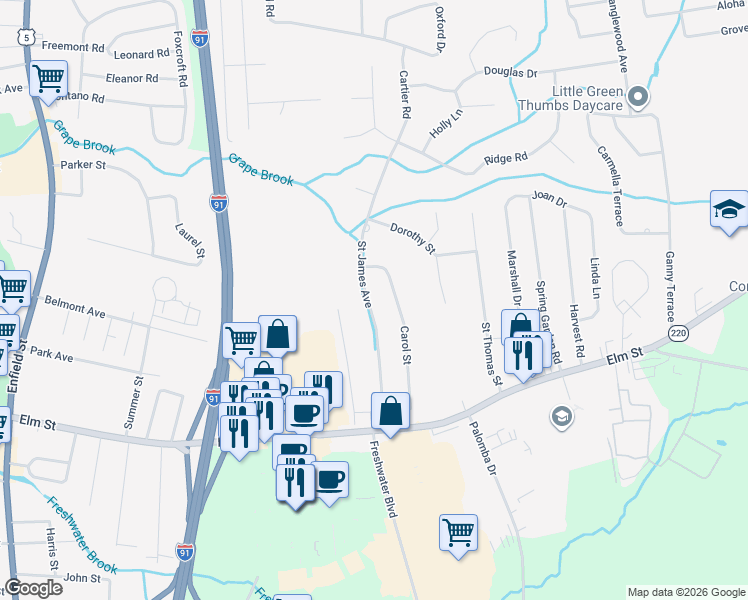 map of restaurants, bars, coffee shops, grocery stores, and more near 38 Saint James Avenue in Enfield
