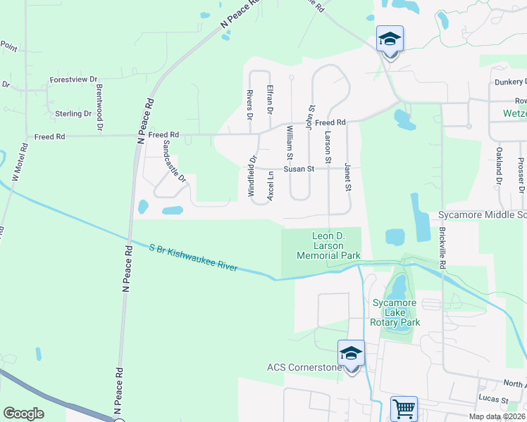 map of restaurants, bars, coffee shops, grocery stores, and more near 1346 Windfield Drive in Sycamore