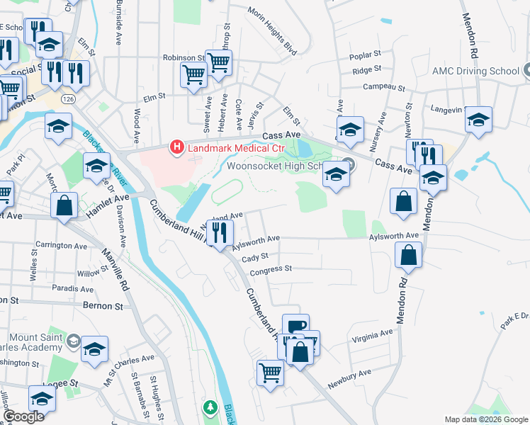 map of restaurants, bars, coffee shops, grocery stores, and more near 257 Newland Avenue in Woonsocket