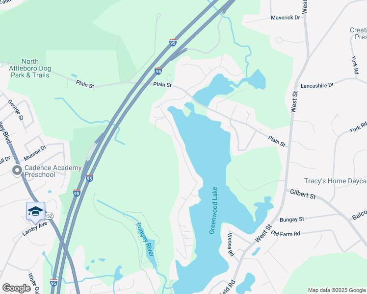 map of restaurants, bars, coffee shops, grocery stores, and more near 170 Oakridge Avenue in North Attleborough