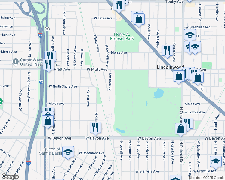 map of restaurants, bars, coffee shops, grocery stores, and more near 6645 North Kostner Avenue in Lincolnwood