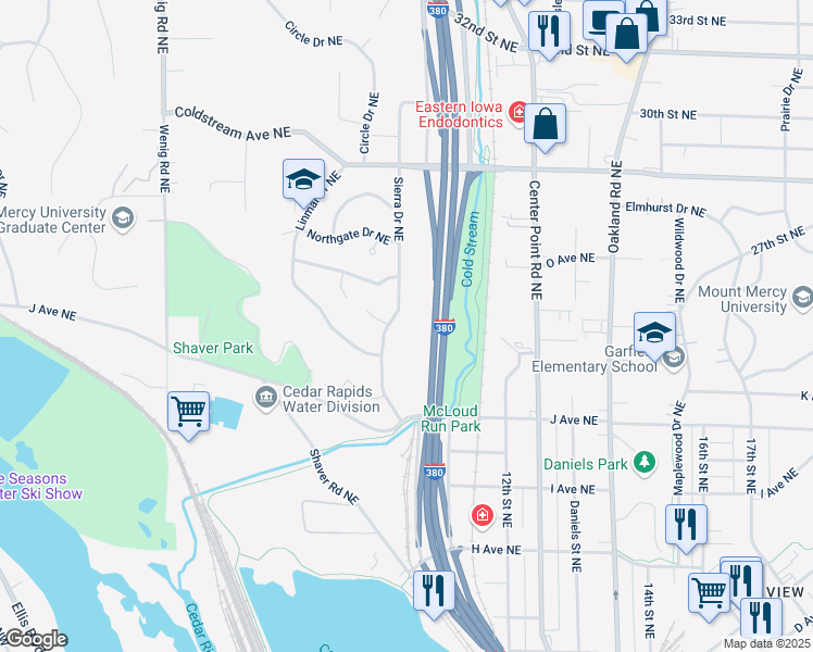 map of restaurants, bars, coffee shops, grocery stores, and more near 1420 Sierra Drive Northeast in Cedar Rapids