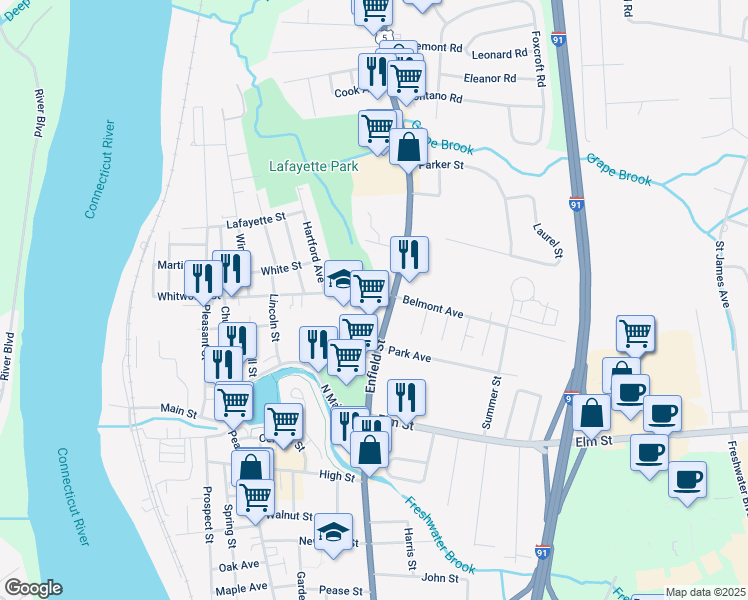 map of restaurants, bars, coffee shops, grocery stores, and more near 101 Alden Avenue in Enfield