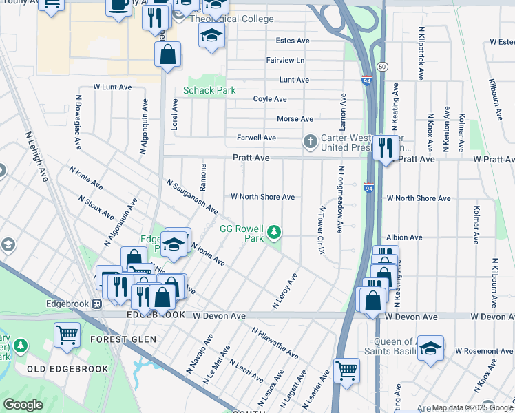 map of restaurants, bars, coffee shops, grocery stores, and more near 6650 North Navajo Avenue in Lincolnwood