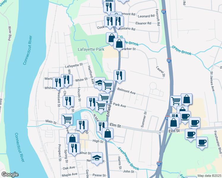 map of restaurants, bars, coffee shops, grocery stores, and more near 101 Alden Avenue in Enfield