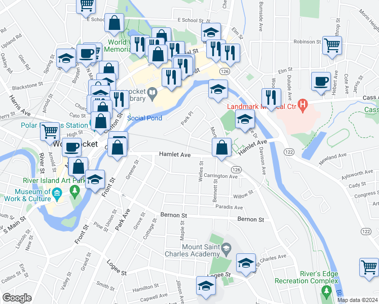 map of restaurants, bars, coffee shops, grocery stores, and more near 74 Hamlet Avenue in Woonsocket