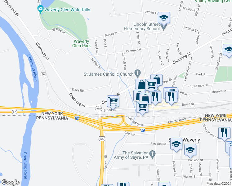 map of restaurants, bars, coffee shops, grocery stores, and more near 121 Chemung Street in Waverly