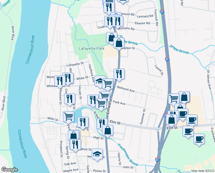 map of restaurants, bars, coffee shops, grocery stores, and more near 101 Alden Avenue in Enfield