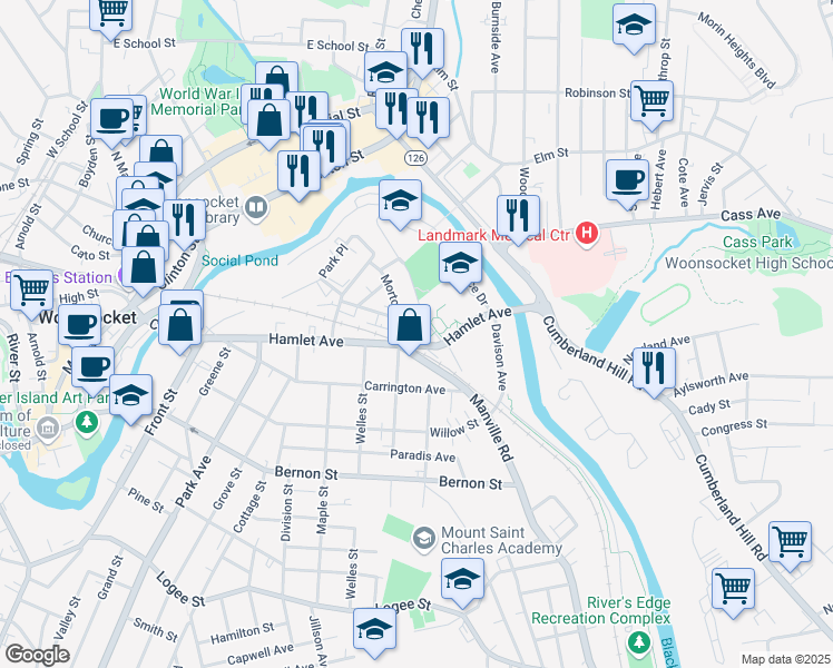 map of restaurants, bars, coffee shops, grocery stores, and more near 138 Hamlet Avenue in Woonsocket