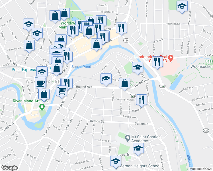 map of restaurants, bars, coffee shops, grocery stores, and more near 47 Harrison Avenue in Woonsocket