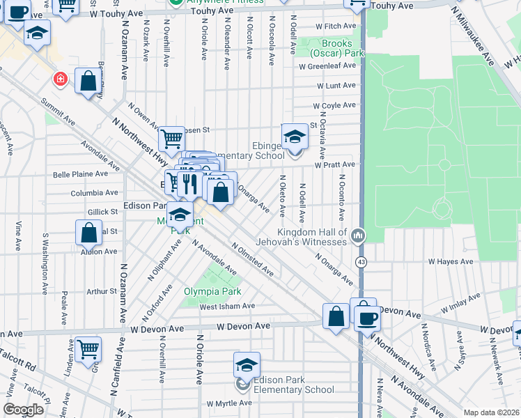 map of restaurants, bars, coffee shops, grocery stores, and more near 6702 North Olympia Avenue in Chicago