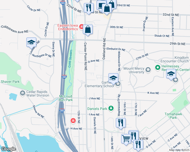 map of restaurants, bars, coffee shops, grocery stores, and more near 1411 Oakland Road Northeast in Cedar Rapids