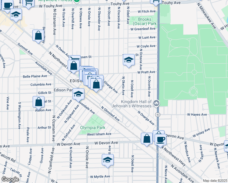 map of restaurants, bars, coffee shops, grocery stores, and more near 6702 North Olympia Avenue in Chicago