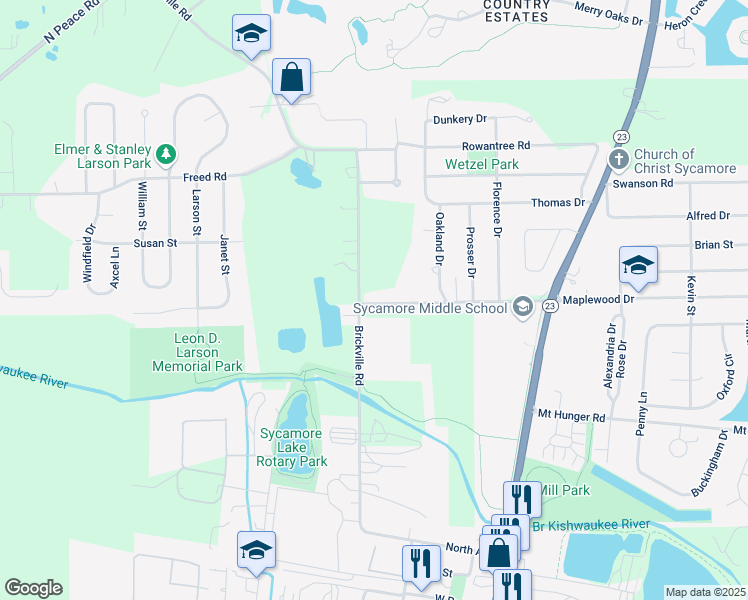 map of restaurants, bars, coffee shops, grocery stores, and more near 535 Maplewood Drive in Sycamore