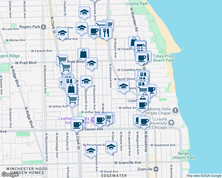map of restaurants, bars, coffee shops, grocery stores, and more near N Glenwood Ave & W Albion Ave in Chicago