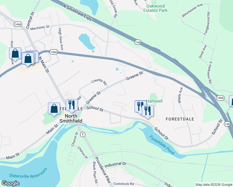 map of restaurants, bars, coffee shops, grocery stores, and more near 159 Greene Street in North Smithfield
