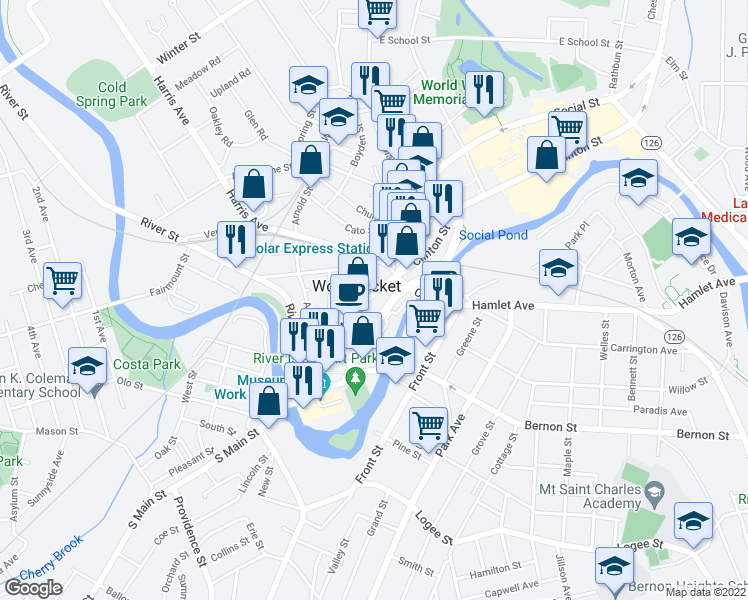 map of restaurants, bars, coffee shops, grocery stores, and more near 141 Main Street in Woonsocket