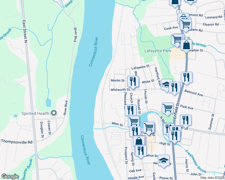 map of restaurants, bars, coffee shops, grocery stores, and more near 9 Whitworth Street in Enfield
