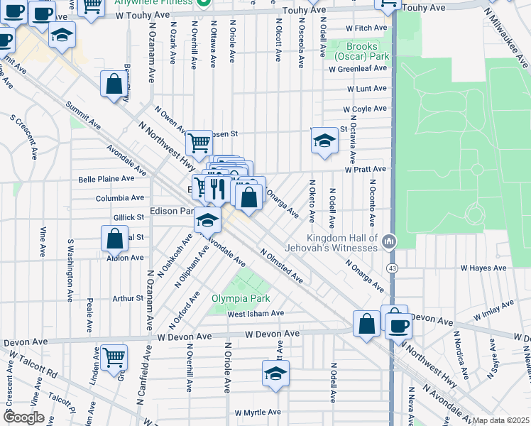 map of restaurants, bars, coffee shops, grocery stores, and more near 6730 North Oxford Avenue in Chicago