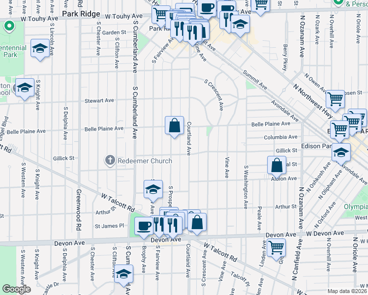 map of restaurants, bars, coffee shops, grocery stores, and more near 625 Courtland Avenue in Park Ridge