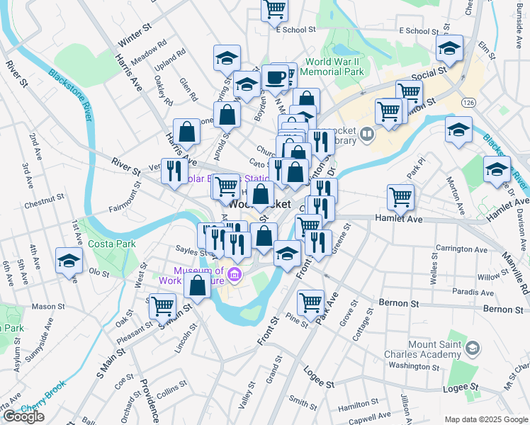 map of restaurants, bars, coffee shops, grocery stores, and more near 130 Main Street in Woonsocket