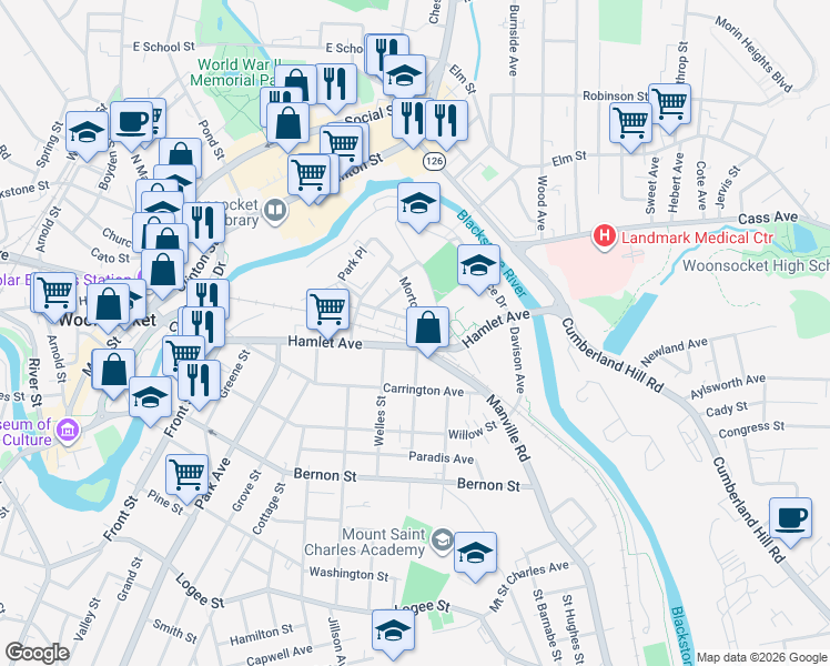 map of restaurants, bars, coffee shops, grocery stores, and more near 166 Harrison Avenue in Woonsocket