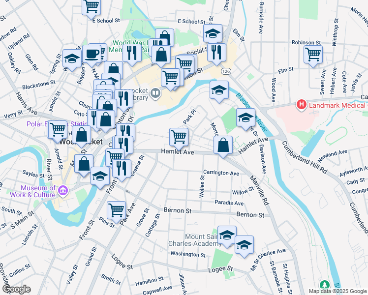 map of restaurants, bars, coffee shops, grocery stores, and more near 56 Hamlet Avenue in Woonsocket