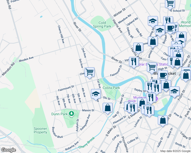map of restaurants, bars, coffee shops, grocery stores, and more near 212 1st Avenue in Woonsocket