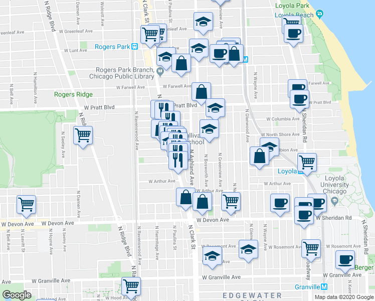 map of restaurants, bars, coffee shops, grocery stores, and more near 6624 North Ashland Avenue in Chicago