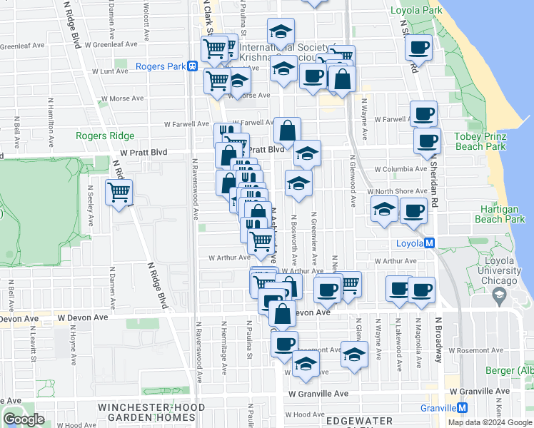 map of restaurants, bars, coffee shops, grocery stores, and more near 6645 North Ashland Avenue in Chicago