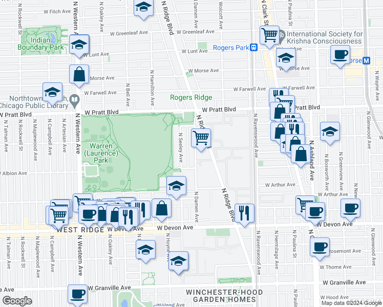 map of restaurants, bars, coffee shops, grocery stores, and more near 6649 North Seeley Avenue in Chicago