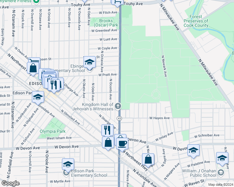 map of restaurants, bars, coffee shops, grocery stores, and more near 6706 Illinois 43 in Chicago