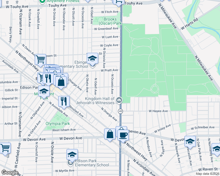 map of restaurants, bars, coffee shops, grocery stores, and more near 6706 North Oconto Avenue in Chicago