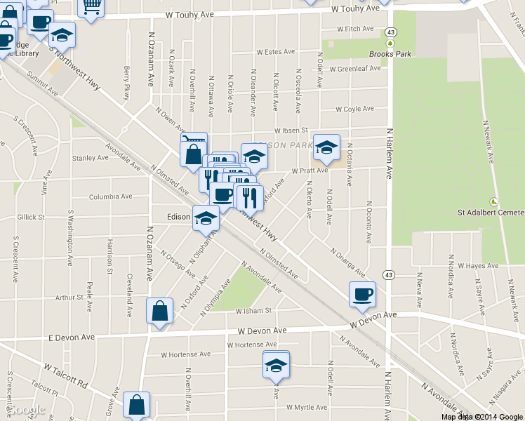 map of restaurants, bars, coffee shops, grocery stores, and more near 6730 North Oxford Avenue in Chicago